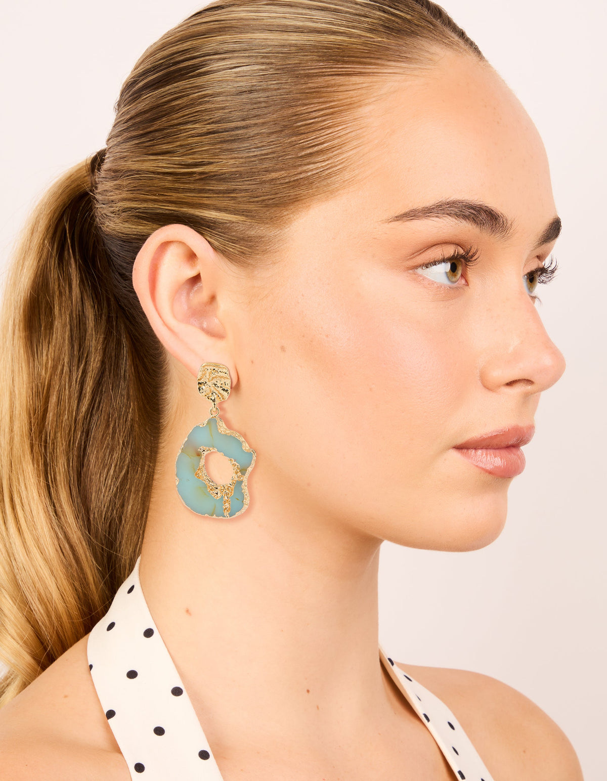 Worn Gold Open Blue Amazonite Semi Precious Stone Drop Earrings