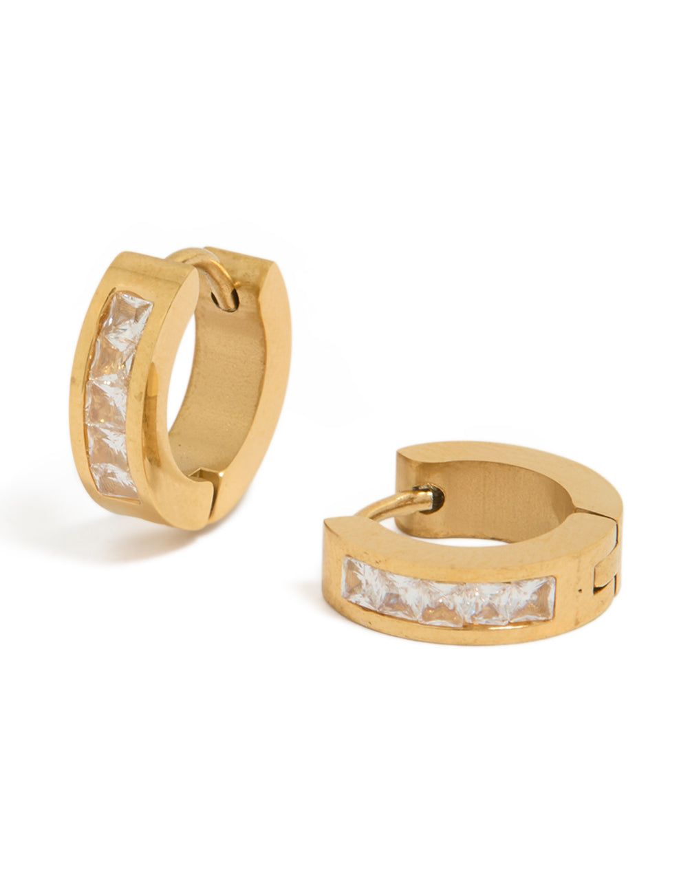 Mens Waterproof Gold Plated Stainless Steel Square Cubic Zirconia Huggie Earrings