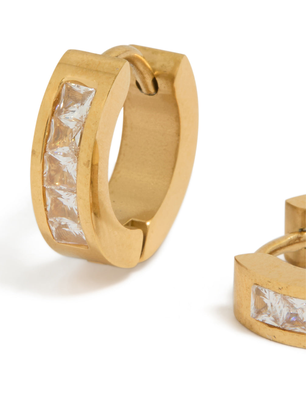 Mens Waterproof Gold Plated Stainless Steel Square Cubic Zirconia Huggie Earrings