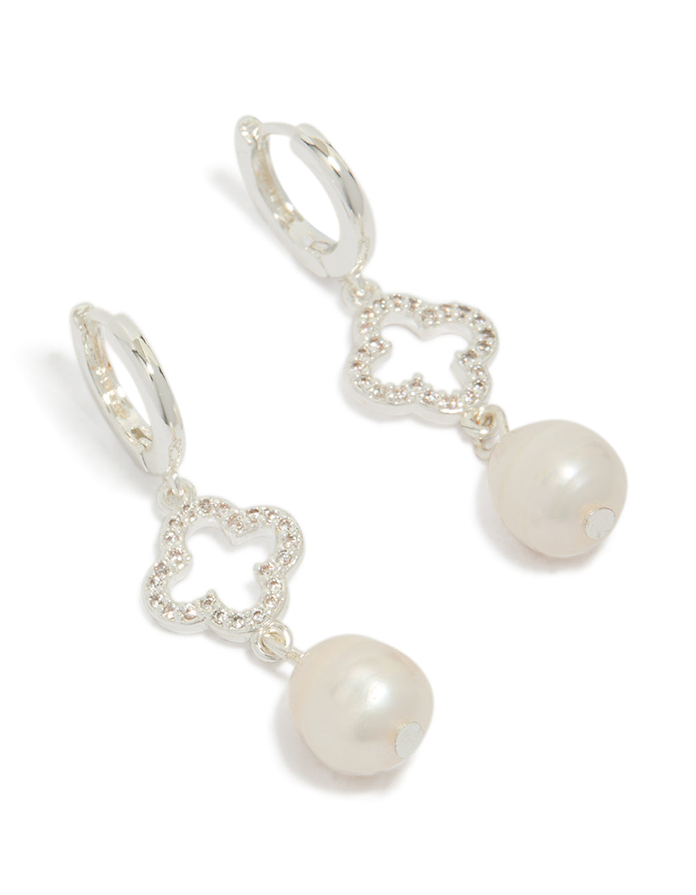 Silver Plated Pave Flower Pearl Drop Earrings
