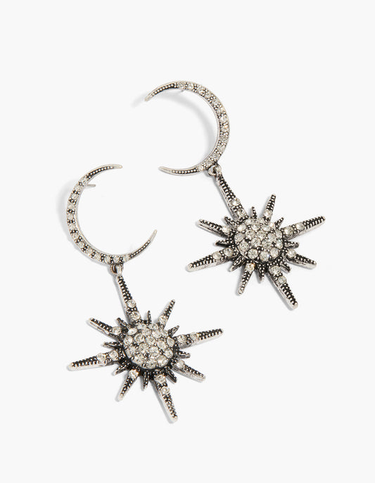 Antique Silver Diamante Moon Drop Earrings