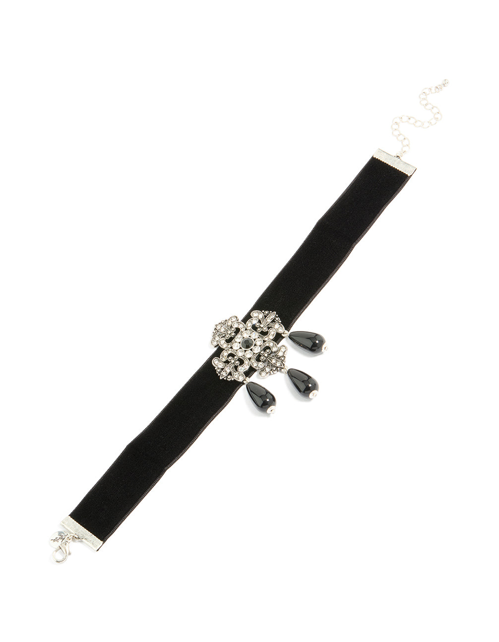 Silver Diamante Art Deco Design Black Choker Necklace