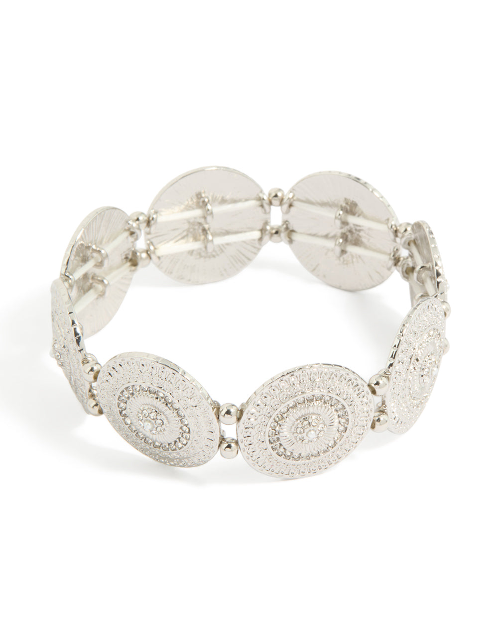 Silver Diamante Detailed Discs Stretch Bracelet