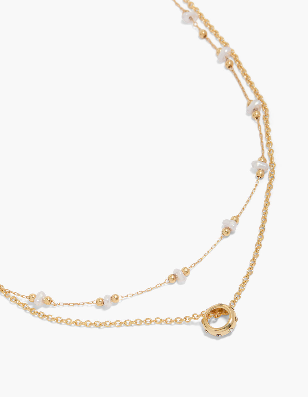 Gold Plated Pearl & Diamante Circle Double Layered Necklace