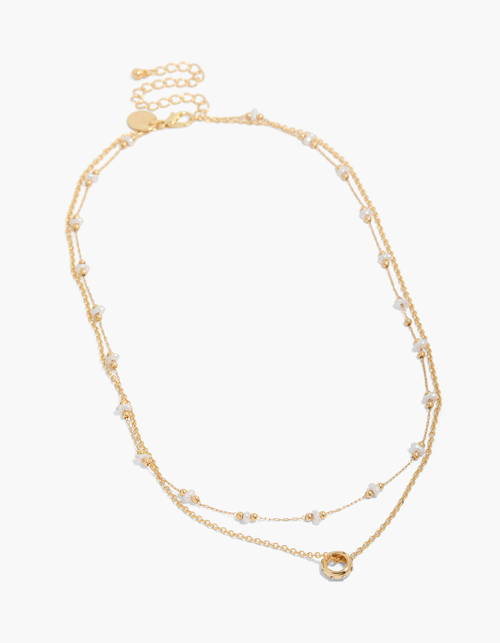 Gold Plated Pearl & Diamante Circle Double Layered Necklace