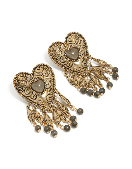 Antique Gold Textured Heart Drop Earrings