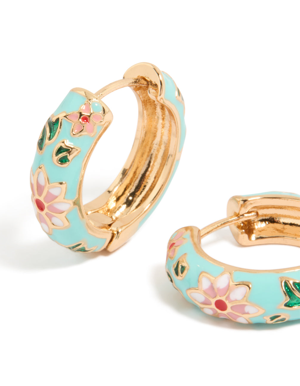 Gold Light Blue Enamel Pink Flower Print Thick Huggie Earrings
