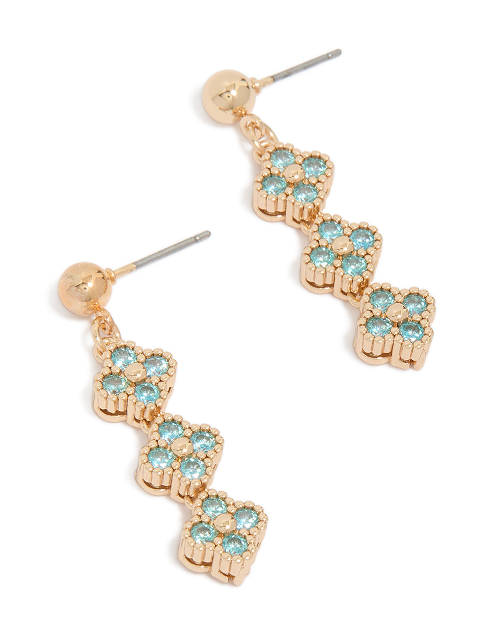 Gold Cubic Zirconia Blue Flower Drop Earrings