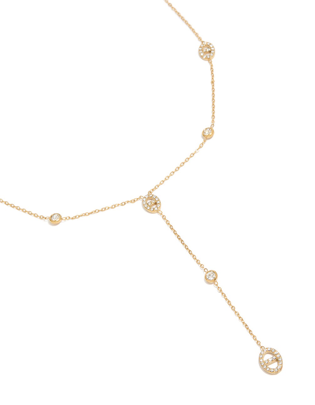 Waterproof Gold Plated Stainless Steel Cubic Zirconia Oval Station Y-Necklace