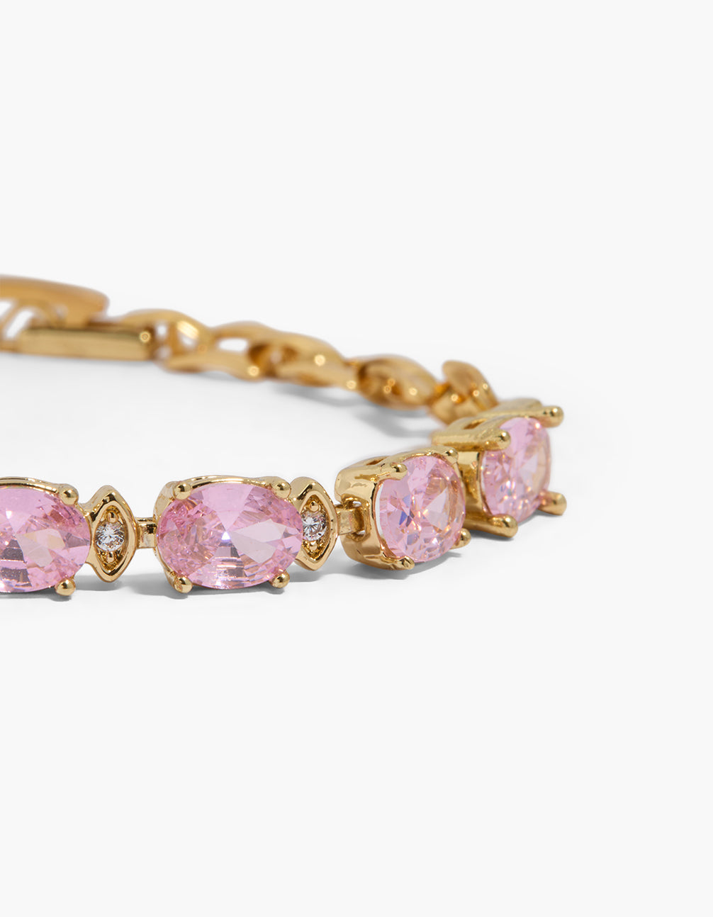 Waterproof Gold Plated Stainless Steel Pink Cubic Zirconia Oval Link Bracelet