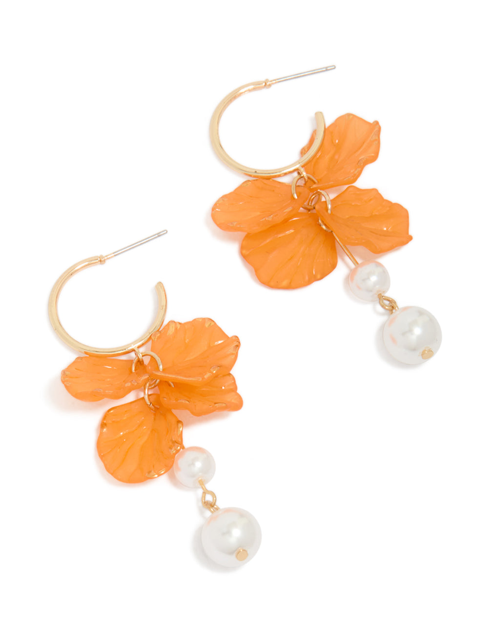 Gold Orange Petal Pearl Drop Earrings