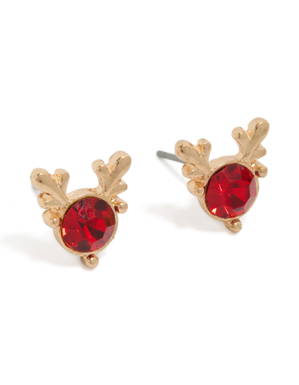 Gold Red Diamante Reindeer Ears Stud Earrings