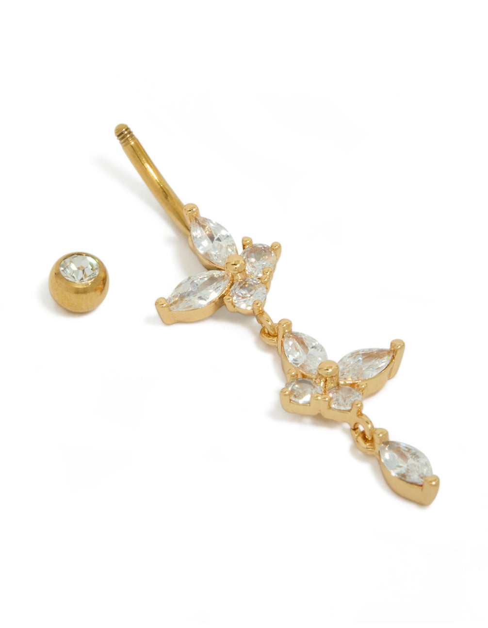 Gold Plated Surgical Steel Cubic Zirconia Butterfly Marquise Drop Belly Bar