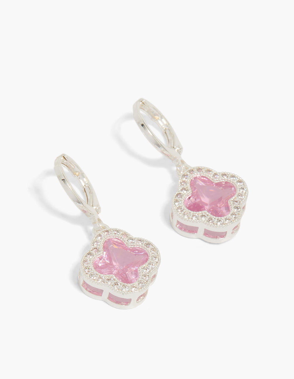 Silver Pink Cubic Zirconia Flower Huggie Earrings