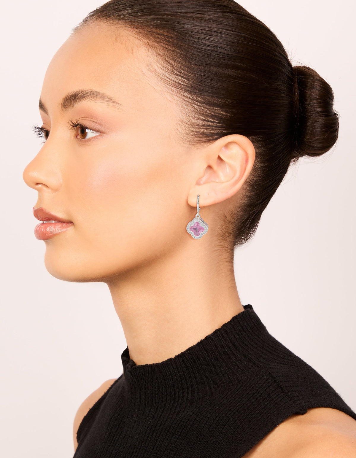 Silver Pink Cubic Zirconia Flower Huggie Earrings