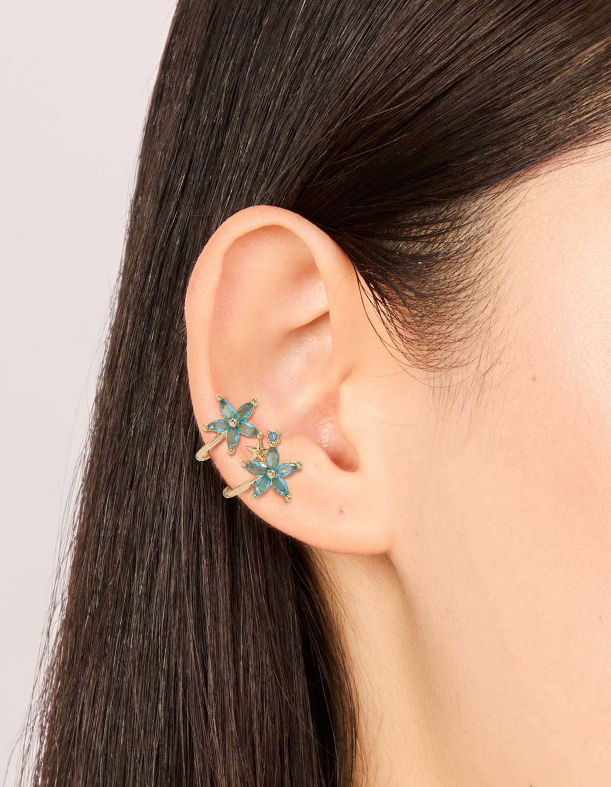 Gold Blue Cubic Zirconia Flowers Ear Cuff