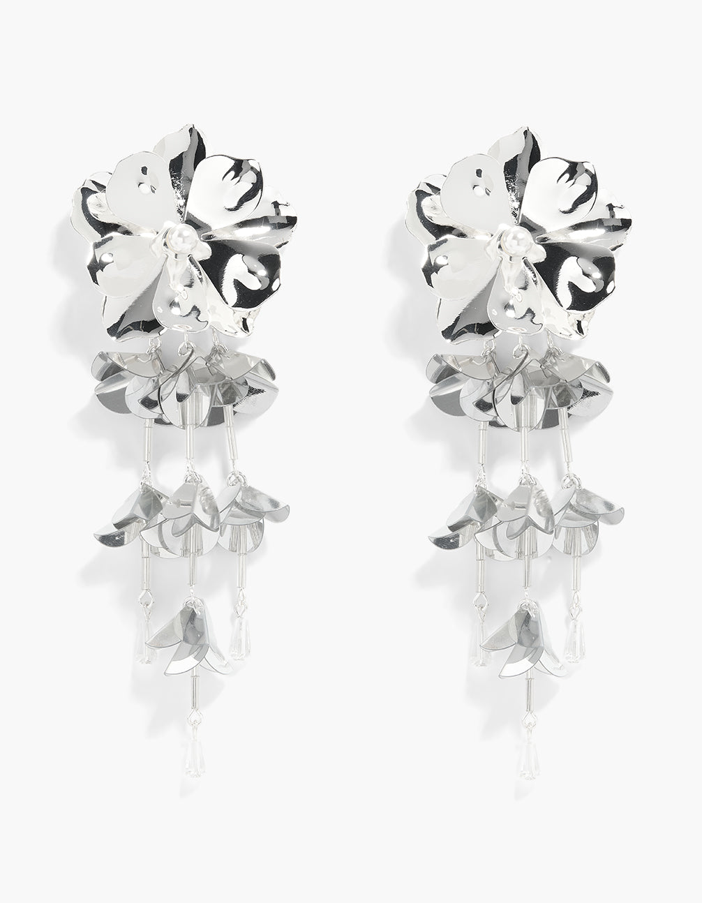 Silver Large Flower Drop Earrings